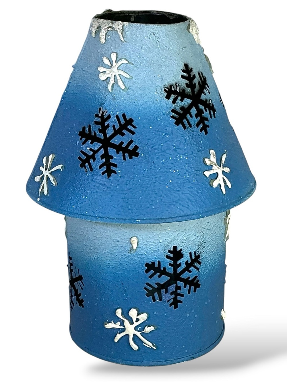 Metal Candle Holder Jar Lamp Shade Winter Holiday Table Decor Blue Vintage 1990